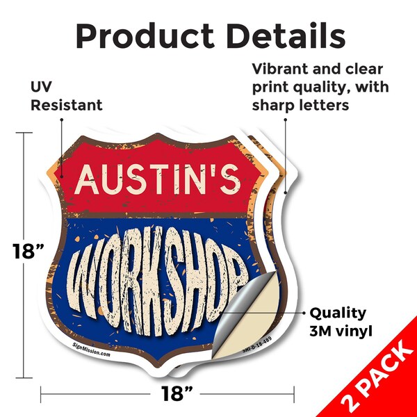 Signmission Austin's Workshop, 18 inch X 18 inch, Vinyl Decal, 2PK - SHI-D-2PACK-18-489-AUSTIN