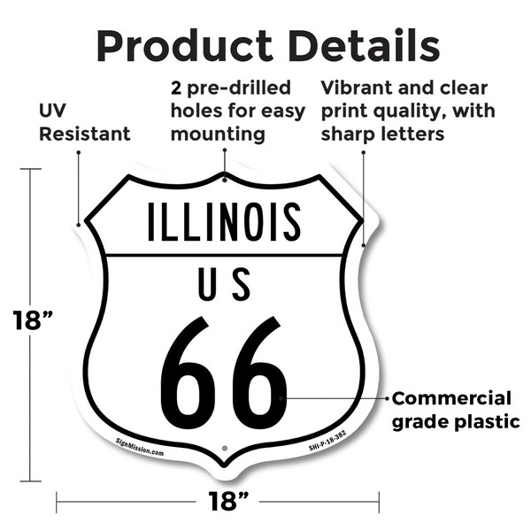 Signmission Illinois Route Marker Shield Sign Us 66, 18 Inch X 18 Inch, Plastic Sign - SHI-P-18-382