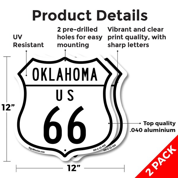 Signmission Oklahoma Route Marker Shield Sign Us 66, 12 inch X 12 inch, Aluminum Metal Sign, 2PK - SHI-A-2PACK-12-426