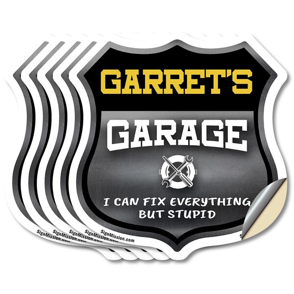 Signmission Garret's Garage I Can Fix Everything But Stupid, 4 inch X 4 inch, Vinyl Decal, 5PK - SHI-D-5PACK-4-490-GARRET