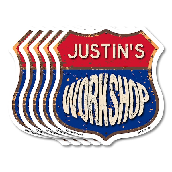 Signmission Justin's Workshop, 12 inch X 12 inch, Aluminum Metal Sign, 5PK - SHI-A-5PACK-12-489-JUSTIN