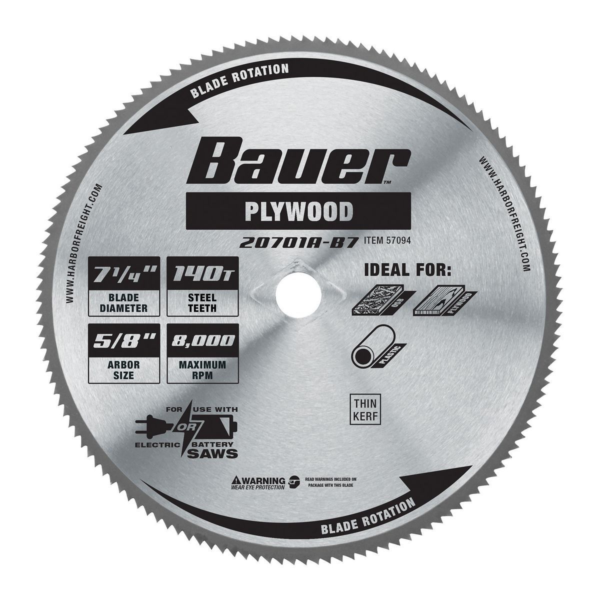 Bauer 7-1/4 pulgadas, 140T Hoja de Sierra Circular para Madera Contrachapada - 57094