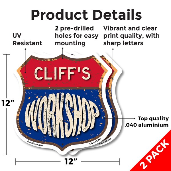 Signmission Cliff's Workshop, 12 inch X 12 inch, Aluminum Metal Sign, 2PK - SHI-A-2PACK-12-489-CLIFF