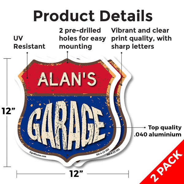 Signmission Alan's Garage, 12 inch X 12 inch, Aluminum Metal Sign, 2PK - SHI-A-2PACK-12-383-ALAN
