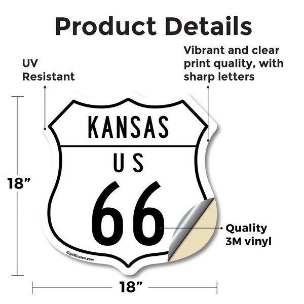 Signmission Kansas Route Marker Shield Sign Us 66, 18 Inch X 18 Inch, Vinyl Decal - SHI-D-18-384