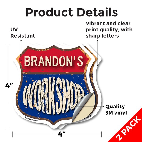 Signmission Brandon's Workshop, 4 inch X 4 inch, Vinyl Decal, 2PK - SHI-D-2PACK-4-489-BRANDON