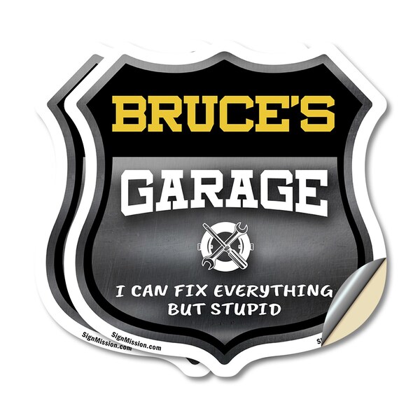 Signmission Bruce's Garage I Can Fix Everything But Stupid, 4 inch X 4 inch, Vinyl Decal, 2PK - SHI-D-2PACK-4-490-BRUCE
