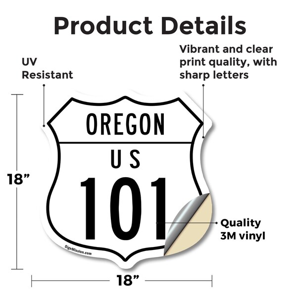 Signmission Oregon Route Marker Shield Sign Us 101, 18 Inch X 18 Inch, Vinyl Decal - SHI-D-18-427