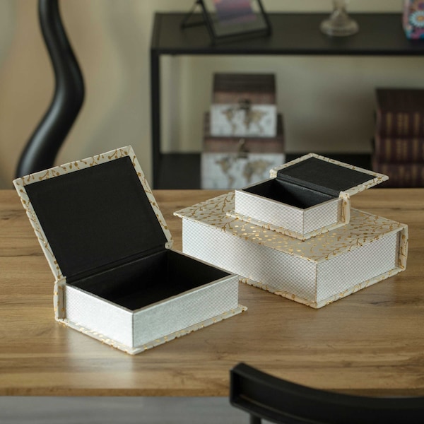 Vintiquewise White Velvet Vintage Storage Wooden Antique Classic Decorative Book Box Holder, PK 3 - QI004265.WT