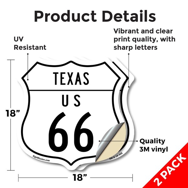 Signmission Texas Route Marker Shield Sign Us 66, 18 inch X 18 inch, Vinyl Decal, 2PK - SHI-D-2PACK-18-466