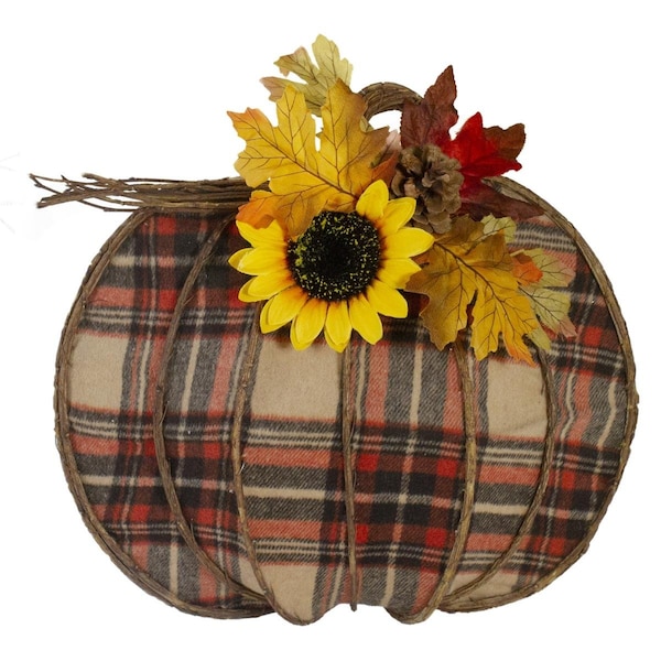 Back2Basics 16 in. Plaid Fall Harvest Pumpkin Wall Decor, Red & Black - BA1777153
