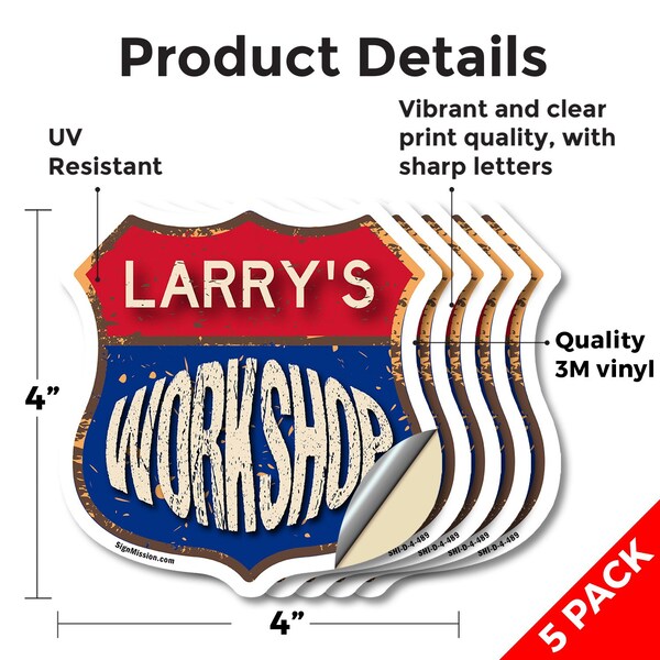 Signmission Larry's Workshop, 4 inch X 4 inch, Vinyl Decal, 5PK - SHI-D-5PACK-4-489-LARRY