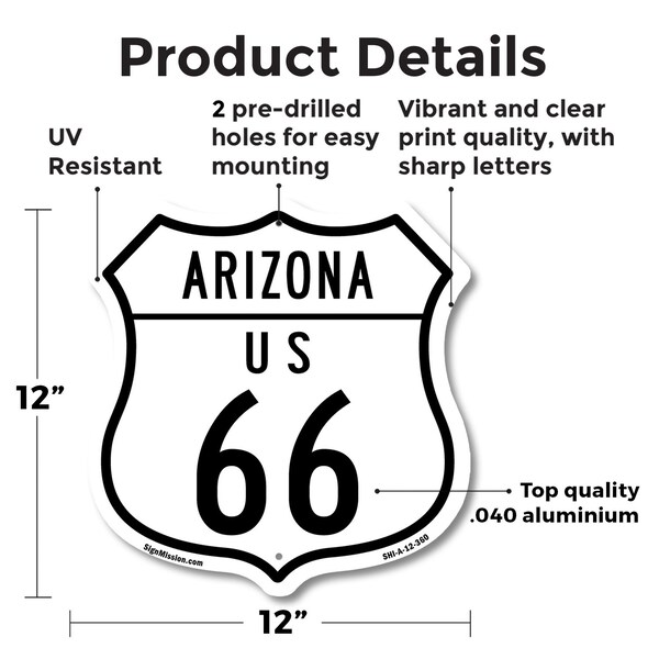 Signmission Arizona Route Marker Shield Sign Us 66, 12 Inch X 12 Inch, Aluminum Metal Sign - SHI-A-12-360