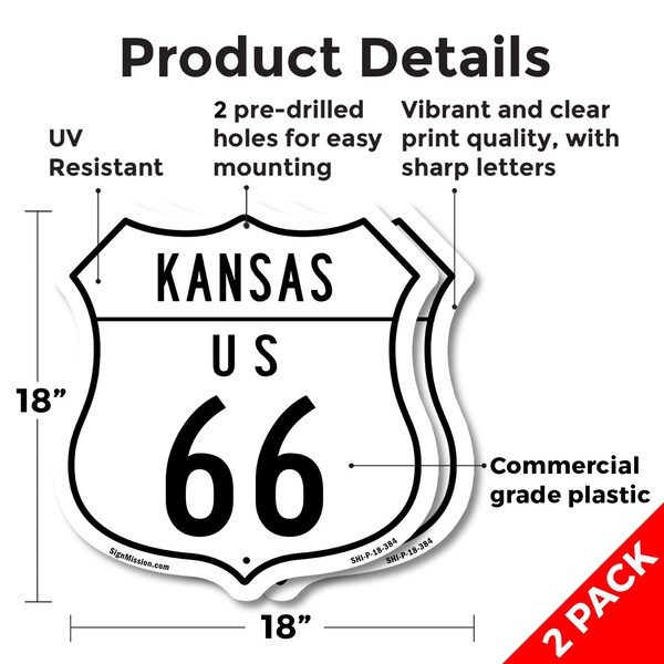 Signmission Kansas Route Marker Shield Sign Us 66, 18 inch X 18 inch, Plastic Sign, 2PK - SHI-P-2PACK-18-384