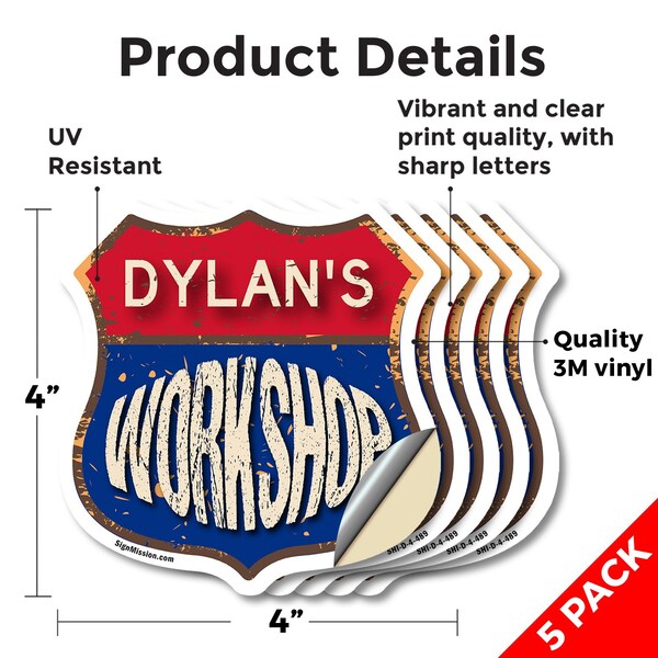 Signmission Dylan's Workshop, 4 inch X 4 inch, Vinyl Decal, 5PK - SHI-D-5PACK-4-489-DYLAN