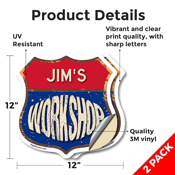 Signmission Jim's Workshop, 12 inch X 12 inch, Vinyl Decal, 2PK - SHI-D-2PACK-12-489-JIM