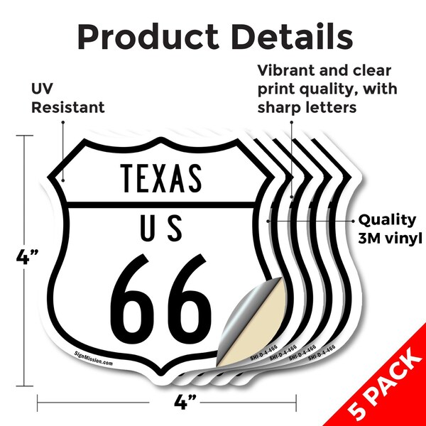 Signmission Texas Route Marker Shield Sign Us 66, 4 inch X 4 inch, Vinyl Decal, 5PK - SHI-D-5PACK-4-466