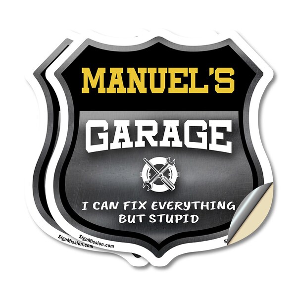 Signmission Manuel's Garage I Can Fix Everything But Stupid, 4 inch X 4 inch, Vinyl Decal, 2PK - SHI-D-2PACK-4-490-MANUEL