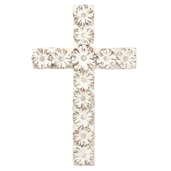 Dicksons 10 in White Floral Resin Wall Cross - WCR179