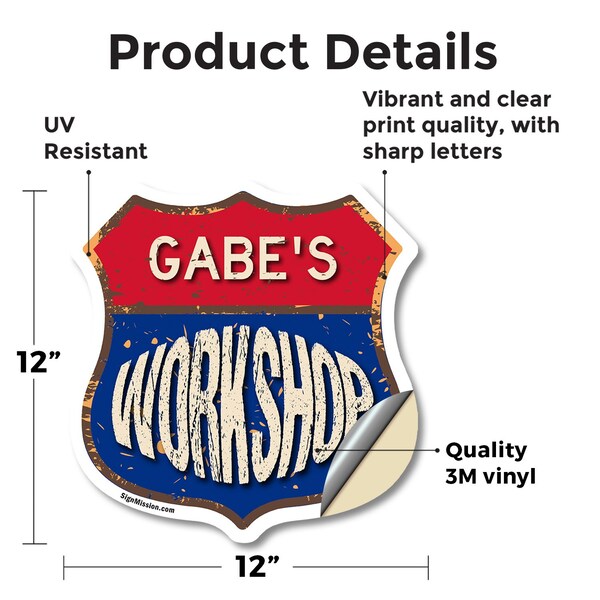 Signmission Gabe's Workshop, 12 Inch X 12 Inch, Vinyl Decal - SHI-D-12-489-GABE
