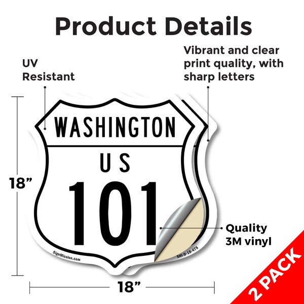 Signmission Washington Route Marker Shield Sign Us 1, 18 inch X 18 inch, Vinyl Decal, 2PK - SHI-D-2PACK-18-475