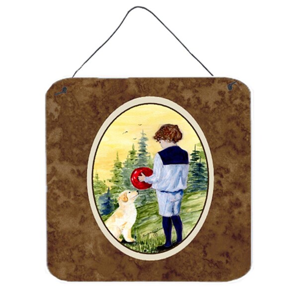 Micasa 6 x 6 in. Little Boy with his Golden Retriever Aluminium Metal Wall or Door Hanging Prints - MI233526