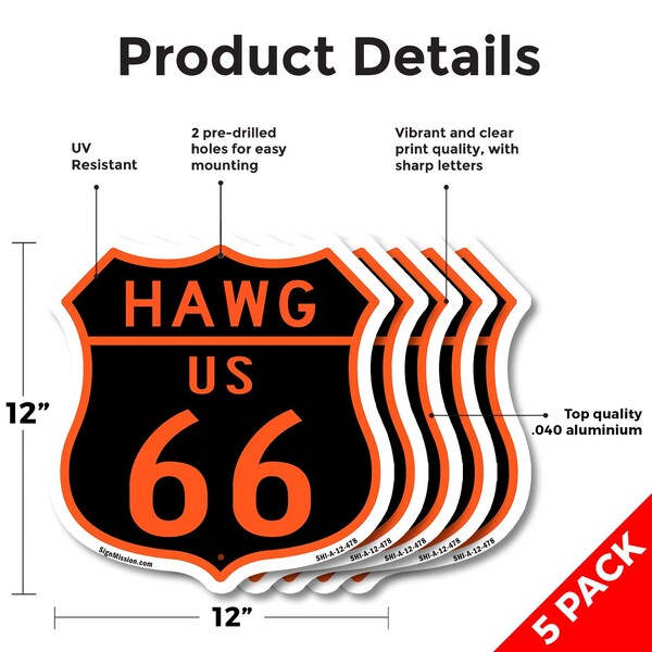 Signmission Hawg Us 66, 12 inch X 12 inch, Aluminum Metal Sign, 5PK - SHI-A-5PACK-12-478