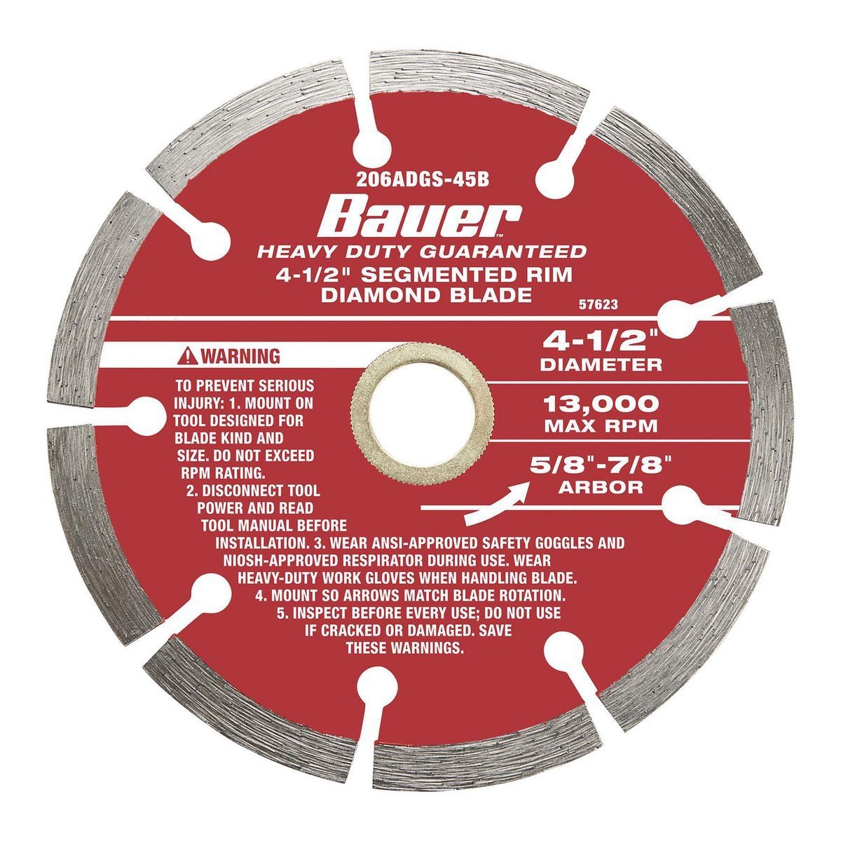 Hoja de sierra de diamante para corte en húmedo o seco con segmentos Bauer de 4-1/2 pulgadas - 57623