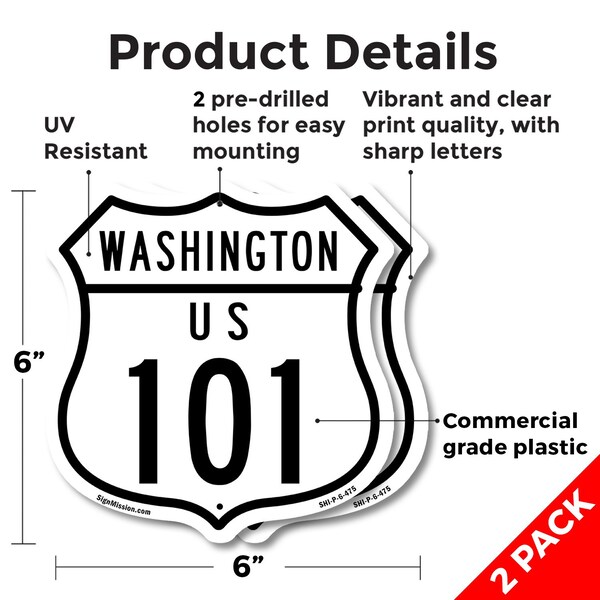 Signmission Washington Route Marker Shield Sign Us 1, 6 inch X 6 inch, Plastic Sign, 2PK - SHI-P-2PACK-6-475