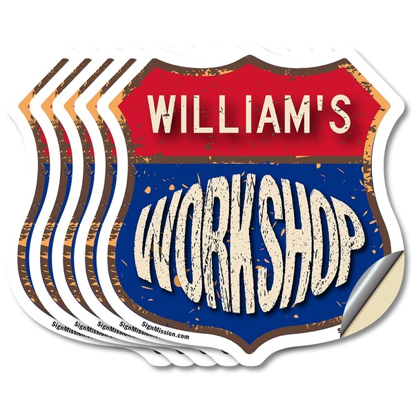 Signmission William's Workshop, 4 inch X 4 inch, Vinyl Decal, 5PK - SHI-D-5PACK-4-489-WILLIAM