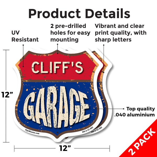 Signmission Cliff's Garage, 12 inch X 12 inch, Aluminum Metal Sign, 2PK - SHI-A-2PACK-12-383-CLIFF