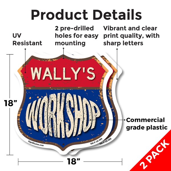Signmission Wally's Workshop, 18 inch X 18 inch, Plastic Sign, 2PK - SHI-P-2PACK-18-489-WALLY