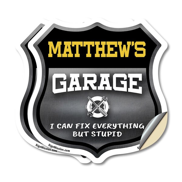 Signmission Matthew's Garage I Can Fix Everything But Stupid, 4 inch X 4 inch, Vinyl Decal, 2PK - SHI-D-2PACK-4-490-MATTHEW