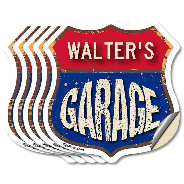 Signmission Walter's Garage, 4 inch X 4 inch, Vinyl Decal, 5PK - SHI-D-5PACK-4-383-WALTER