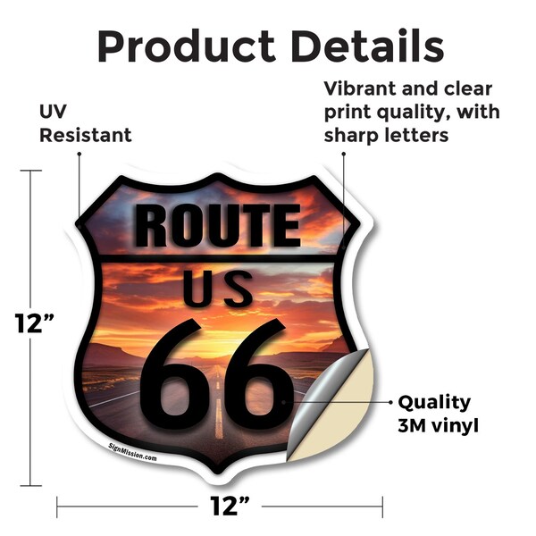 Signmission Route Us 66 Sunset, 12 Inch X 12 Inch, Vinyl Decal - SHI-D-12-482