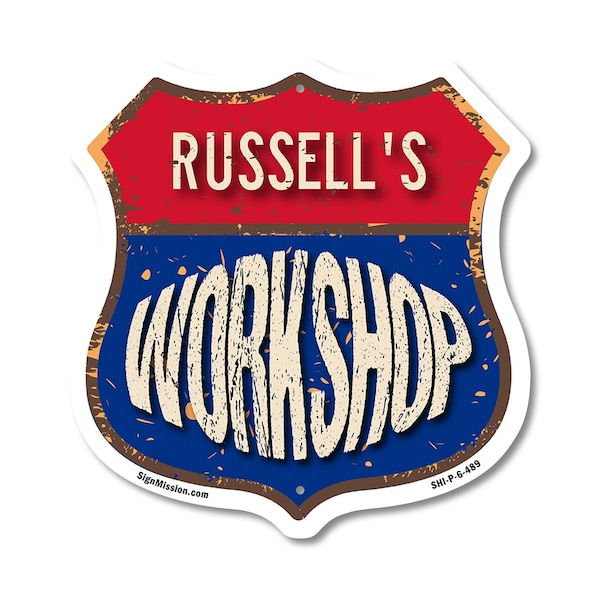 Signmission Russell's Workshop, 6 Inch X 6 Inch, Plastic Sign - SHI-P-6-489-RUSSELL