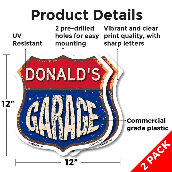 Signmission Donald's Garage, 12 inch X 12 inch, Plastic Sign, 2PK - SHI-P-2PACK-12-383-DONALD