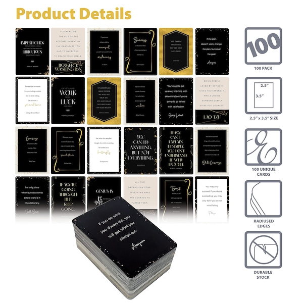 Better Office Products Famous Inspirational Quotes, Elegant Black & Gold Motif, Motivational Card Deck, 100PK - 64553