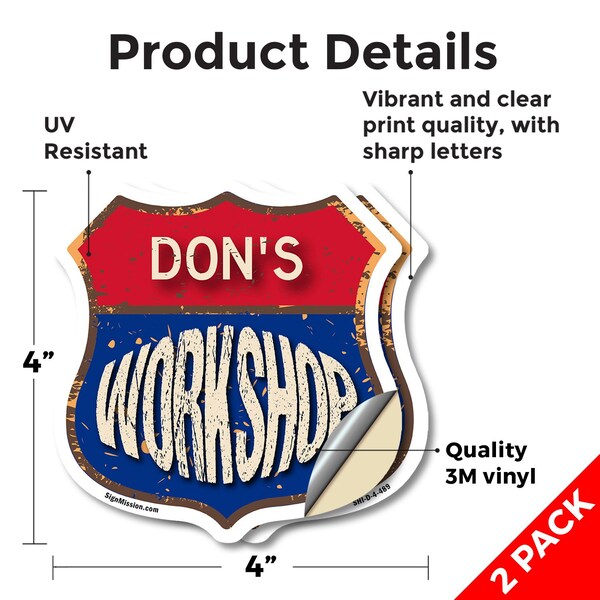 Signmission Don's Workshop, 4 inch X 4 inch, Vinyl Decal, 2PK - SHI-D-2PACK-4-489-DON