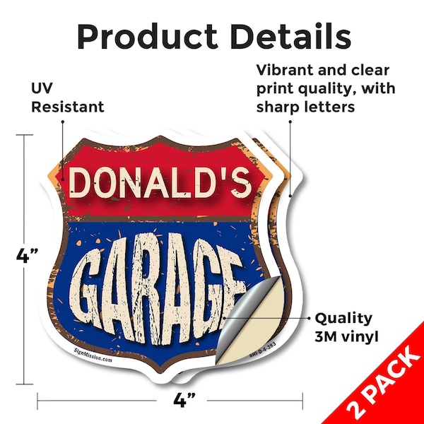 Signmission Donald's Garage, 4 inch X 4 inch, Vinyl Decal, 2PK - SHI-D-2PACK-4-383-DONALD