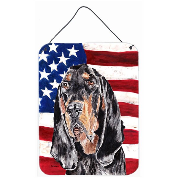 Micasa 8 x 12 In. Coonhound Black and Tan USA American Flag Aluminium Metal Wall or Door Hanging Prints - MI629865