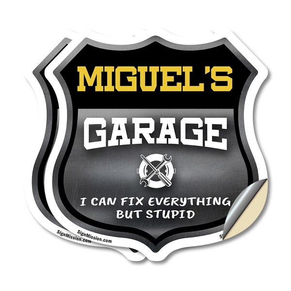 Signmission Miguel's Garage I Can Fix Everything But Stupid, 4 inch X 4 inch, Vinyl Decal, 2PK - SHI-D-2PACK-4-490-MIGUEL