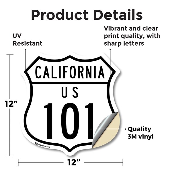 Signmission California Route Marker Shield Sign Us 1, 12 Inch X 12 Inch, Vinyl Decal - SHI-D-12-370