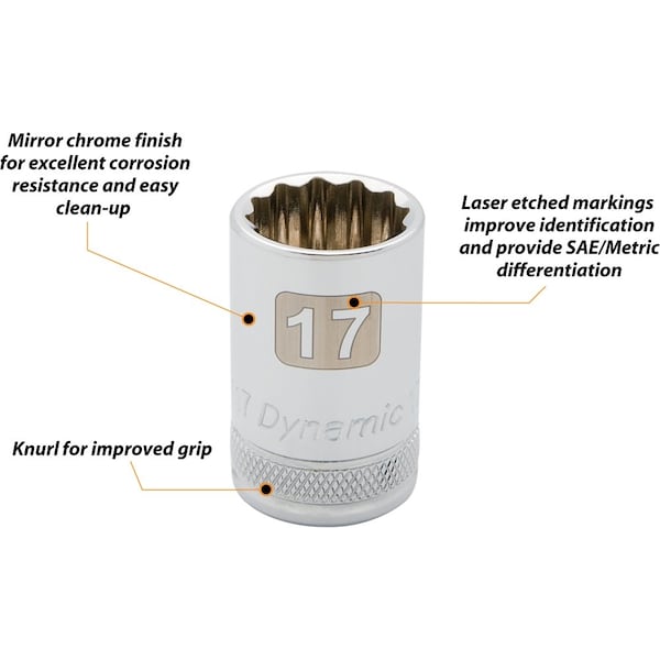 Dynamic Tools 1/2" Drive 12 Point Metric, 17mm Standard Length, Chrome Socket - D015117