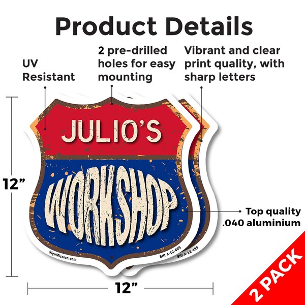 Signmission Julio's Workshop, 12 inch X 12 inch, Aluminum Metal Sign, 2PK - SHI-A-2PACK-12-489-JULIO