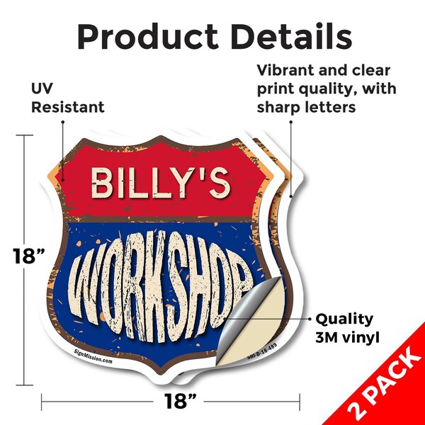 Signmission Billy's Workshop, 18 inch X 18 inch, Vinyl Decal, 2PK - SHI-D-2PACK-18-489-BILLY