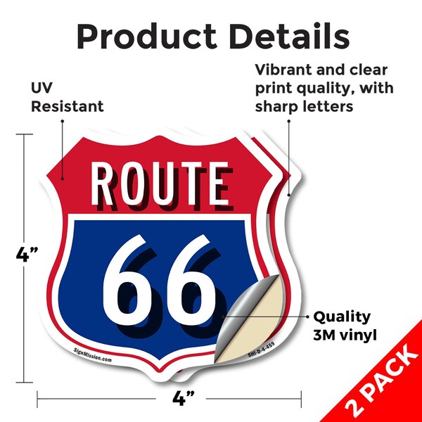 Signmission Route Marker Shield Sign Route 66, 4 inch X 4 inch, Vinyl Decal, 2PK - SHI-D-2PACK-4-459