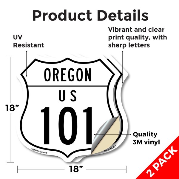 Signmission Oregon Route Marker Shield Sign Us 101, 18 inch X 18 inch, Vinyl Decal, 2PK - SHI-D-2PACK-18-427