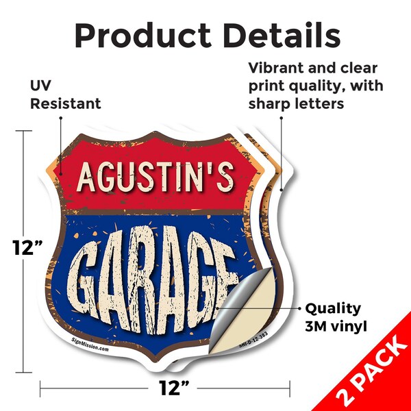 Signmission Agustin's Garage, 12 inch X 12 inch, Vinyl Decal, 2PK - SHI-D-2PACK-12-383-AGUSTIN