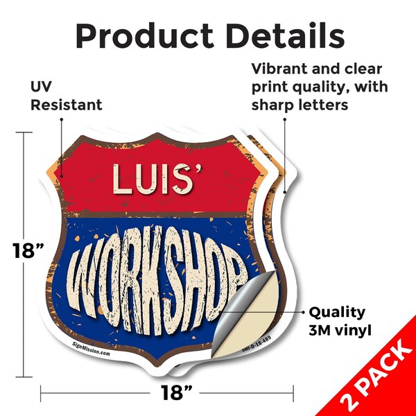 Signmission Luis's Workshop, 18 inch X 18 inch, Vinyl Decal, 2PK - SHI-D-2PACK-18-489-LUIS